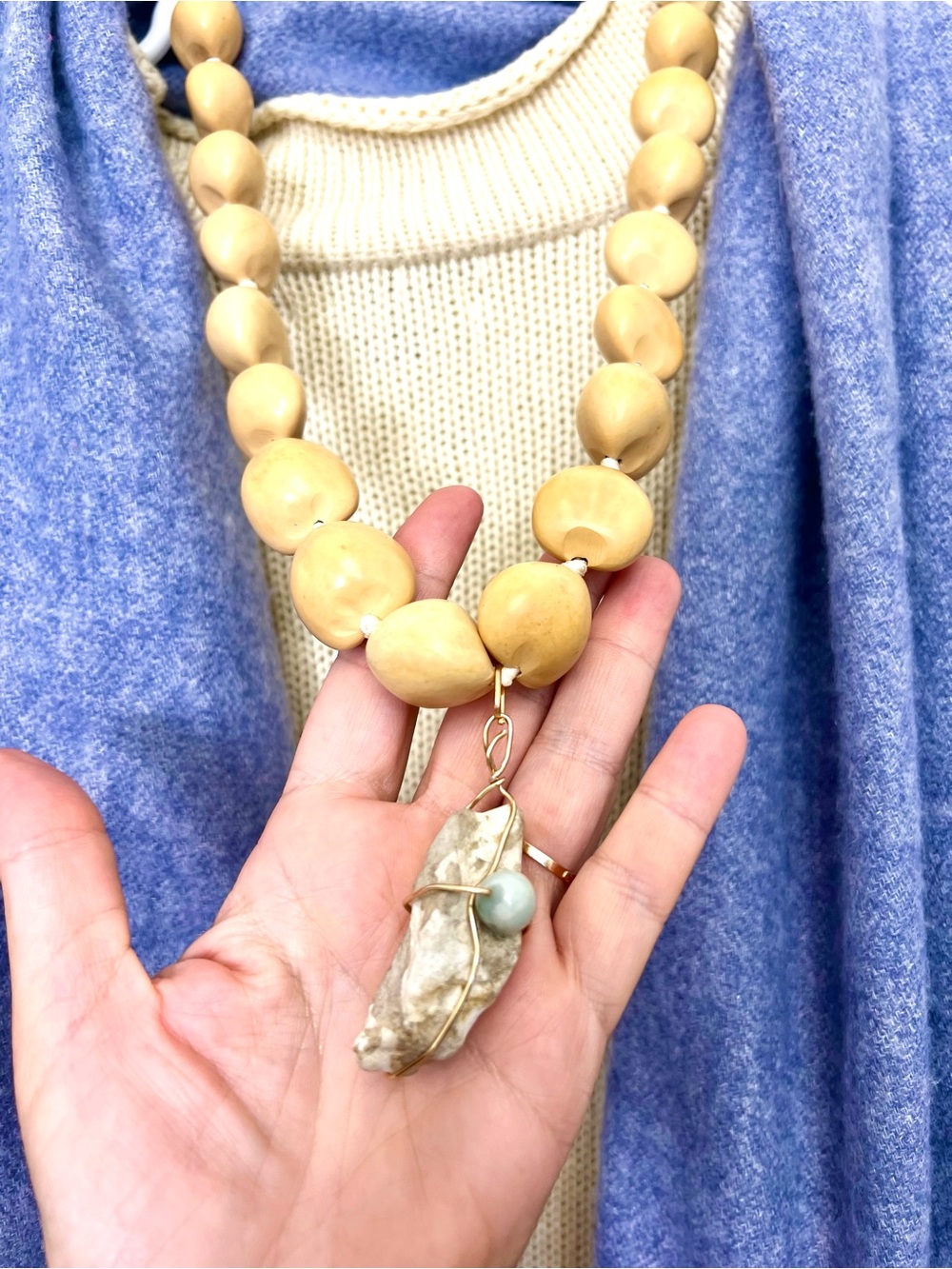 Natural honey wood with hand wrapped stone necklace